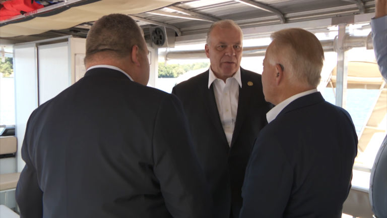 Senate president tours Lake Hopatcong to see algal bloom for himself