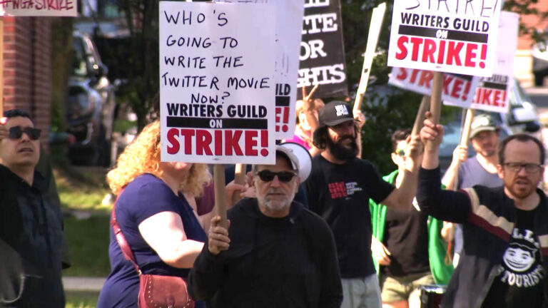 Writers Guild of America pickets outside Maplewood high school