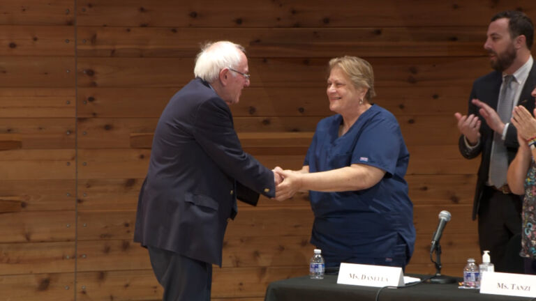 Striking nurses cheer Sen. Bernie Sanders